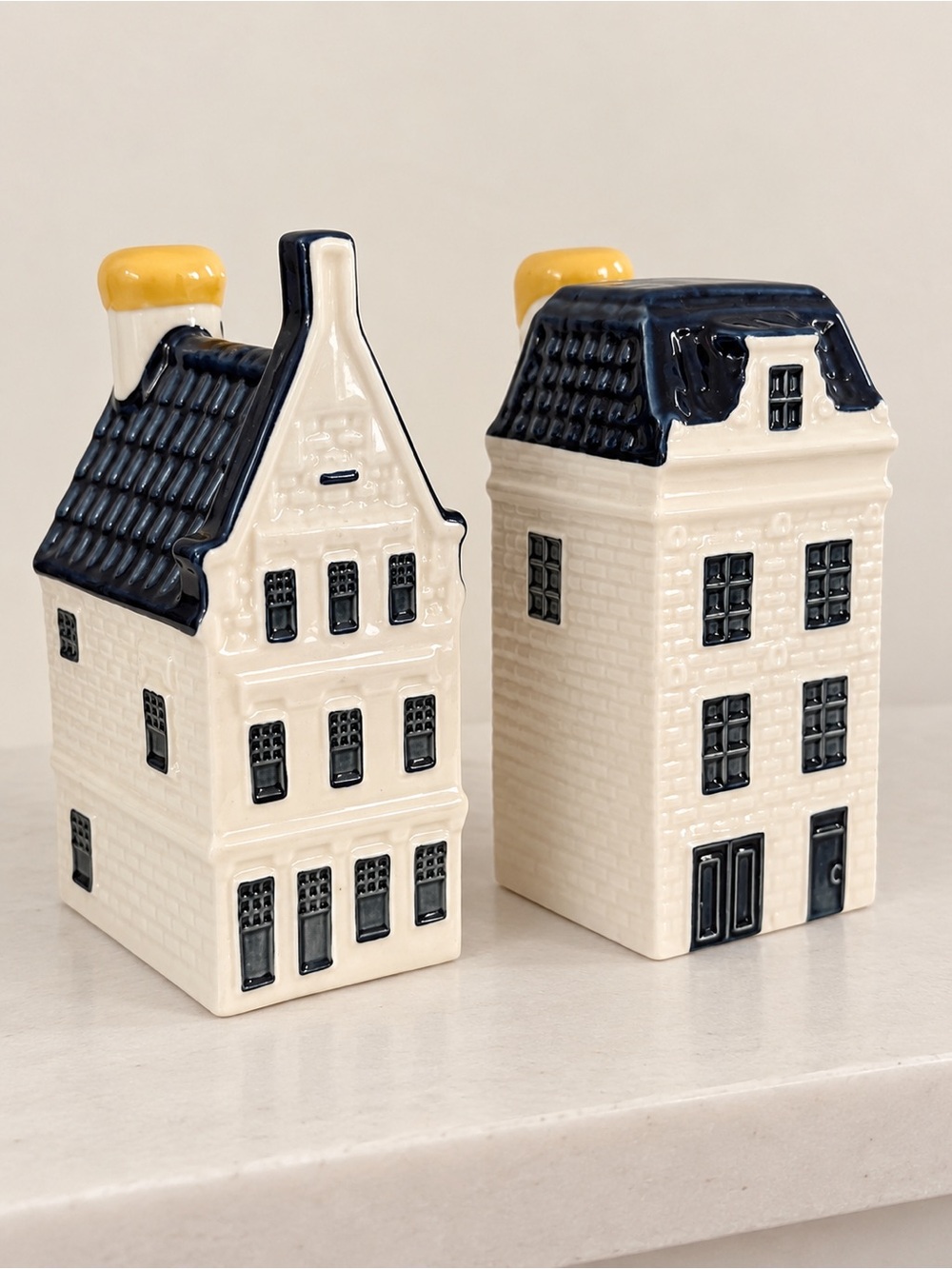 Ceramic Dutch Canal House Set in Cream, Navy & Yellow by